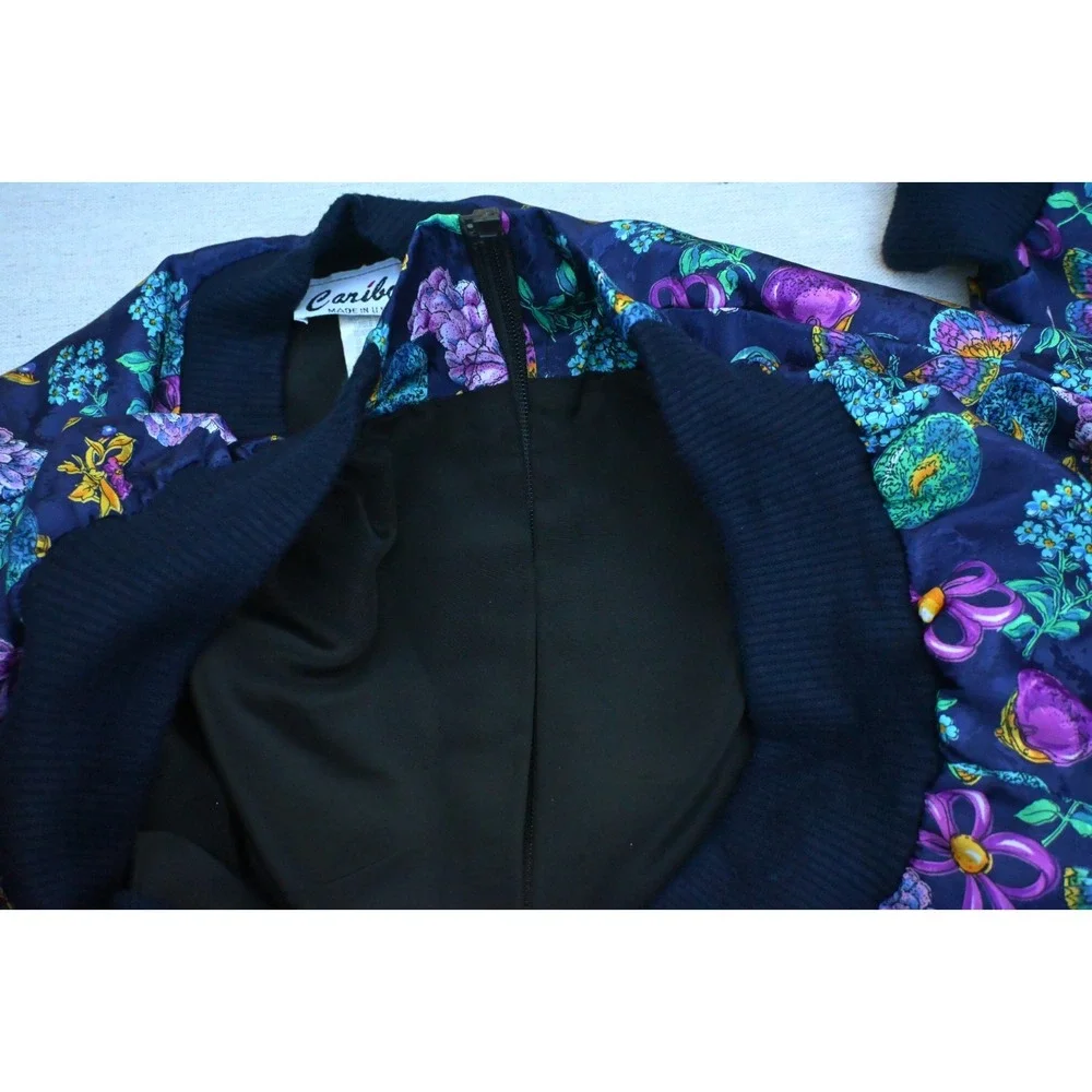 Vintage 90s Caribou Womens M Bomber Jacket Navy Perfume Print Zip Front Bold